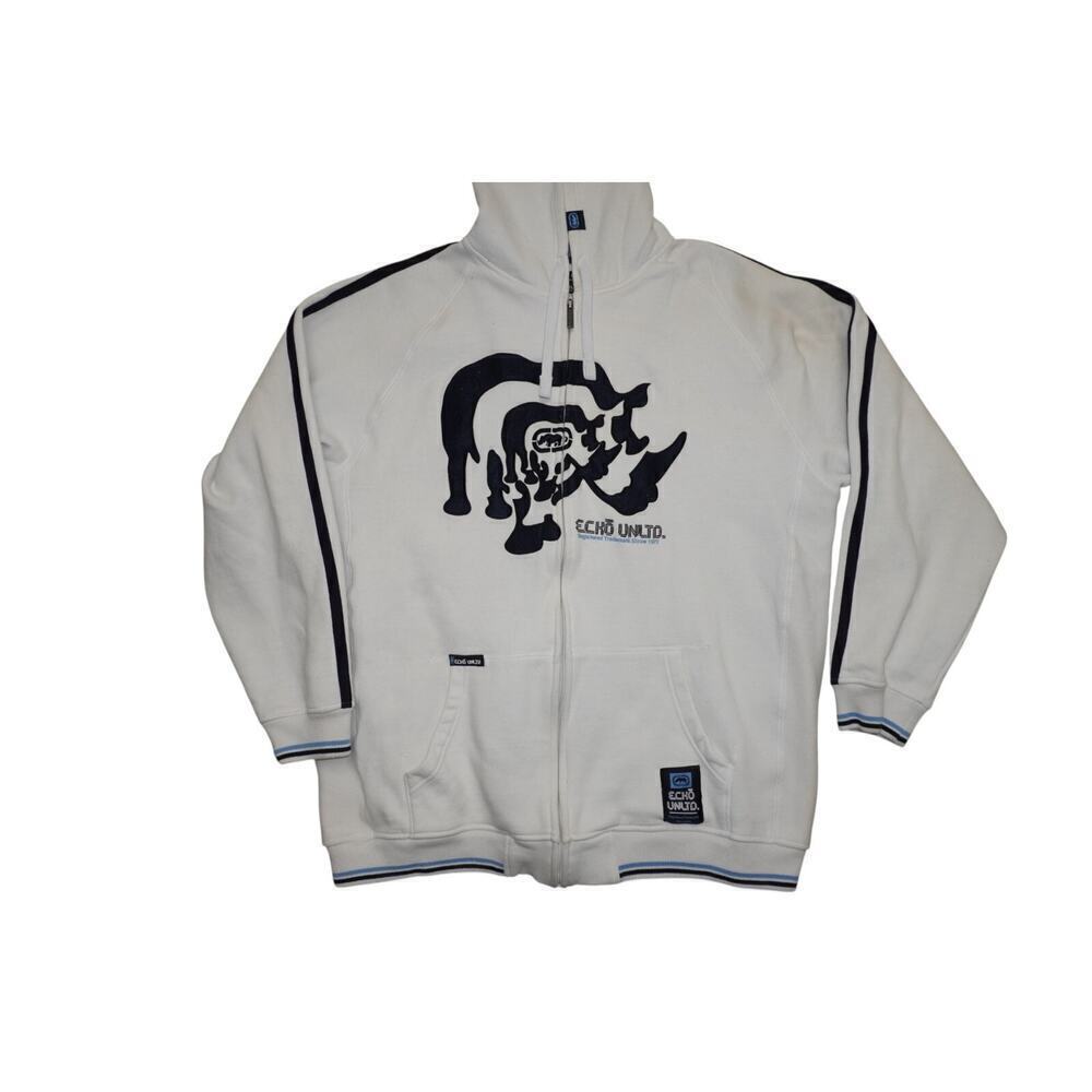 Vintage Y2K Ecko Unltd Hoodie – White & Blue Baggy Skater Sweatshirt – Men’s 3X